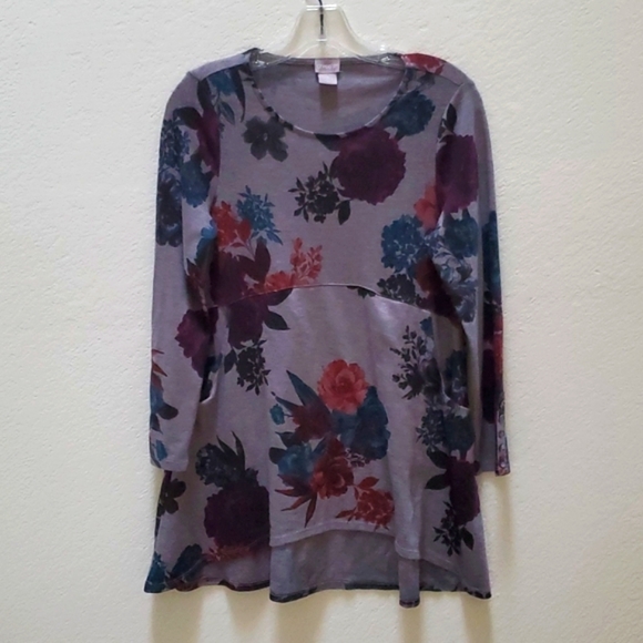 Chico's Women's Tunic Top Multicolor Gray Rose Button Sleeve Crew Pocket Size OP - Picture 5 of 8